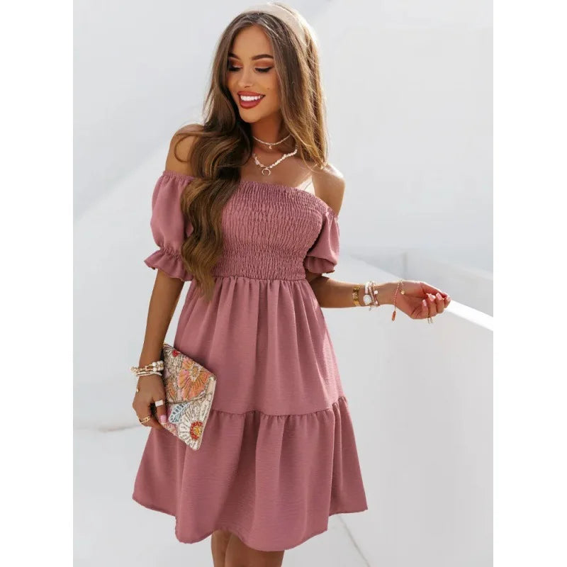 NewWave Fashion zomer effen kleuren jurk met schuine hals