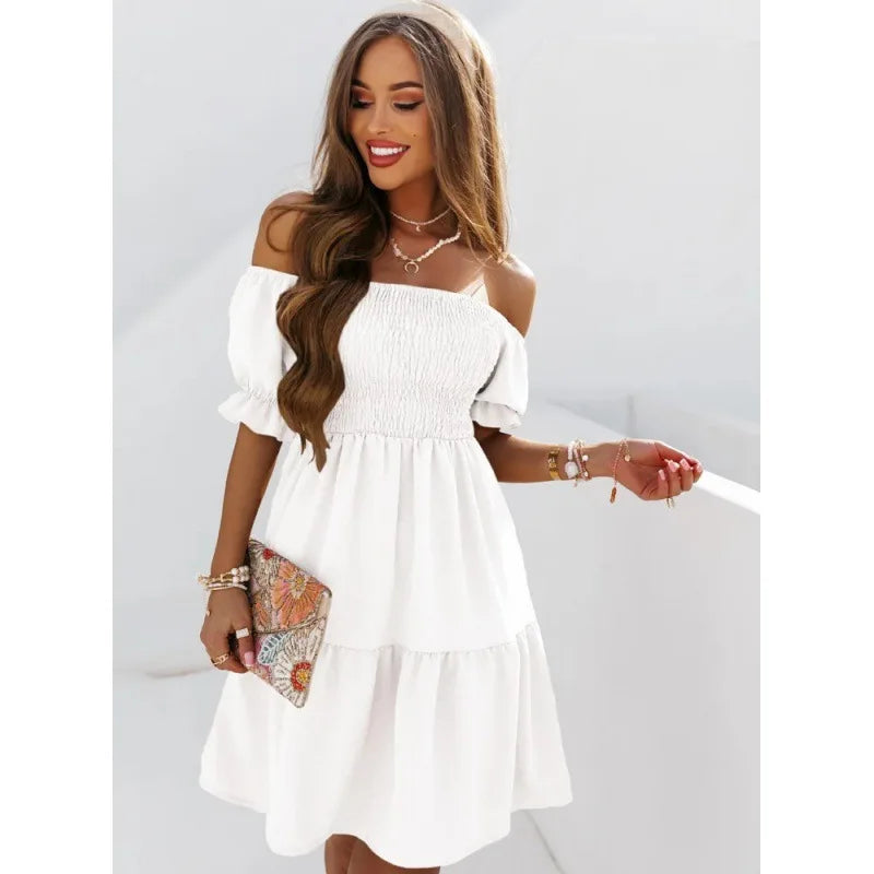 NewWave Fashion zomer effen kleuren jurk met schuine hals