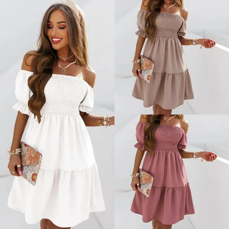 NewWave Fashion zomer effen kleuren jurk met schuine hals