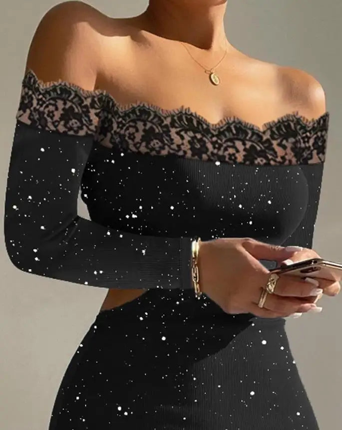 Sommerkleider Damen Sexy Party Glitzer Kontrast Spitze Midi Kleid