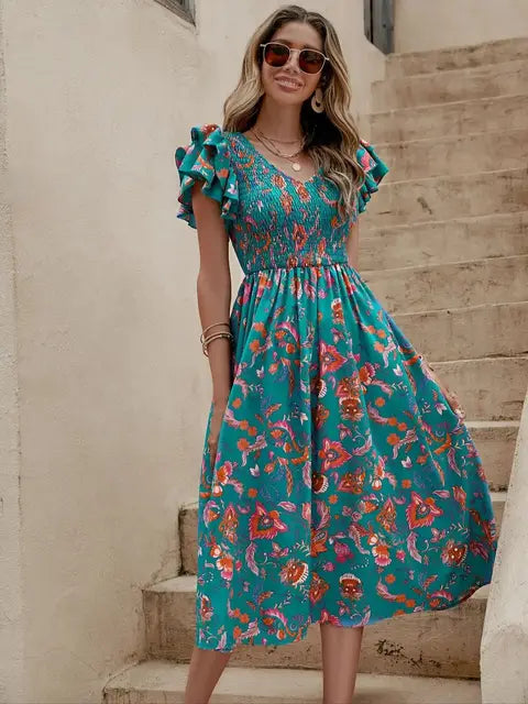 Sunny Summer Blossom A-line Dress - Refreshing Green