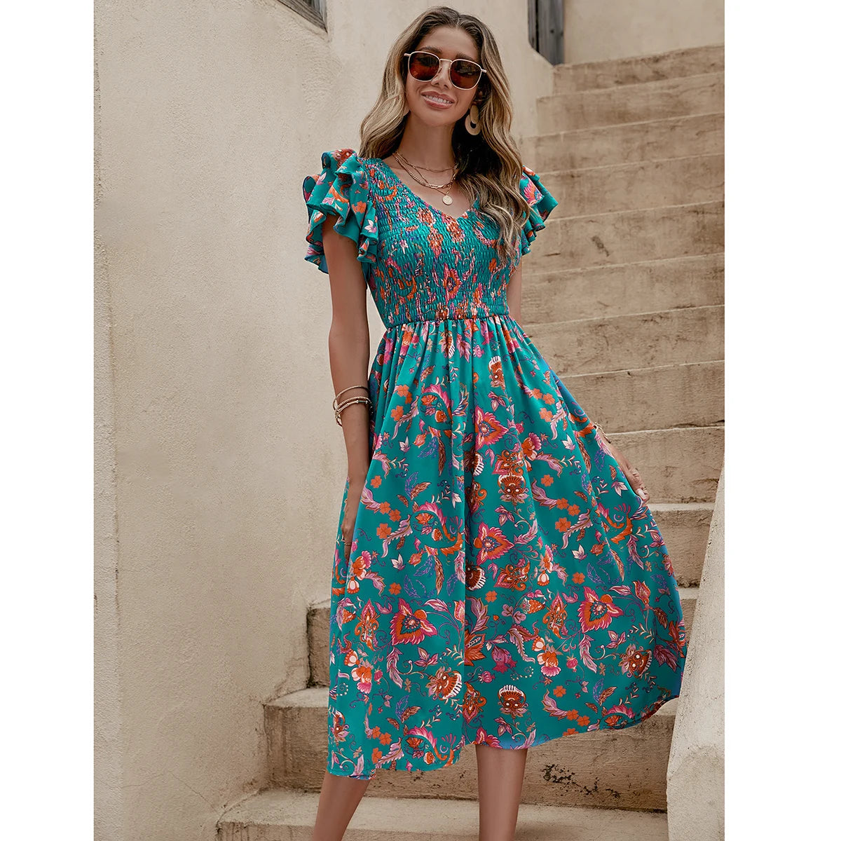 Sunny Summer Blossom A-line Dress - Refreshing Green
