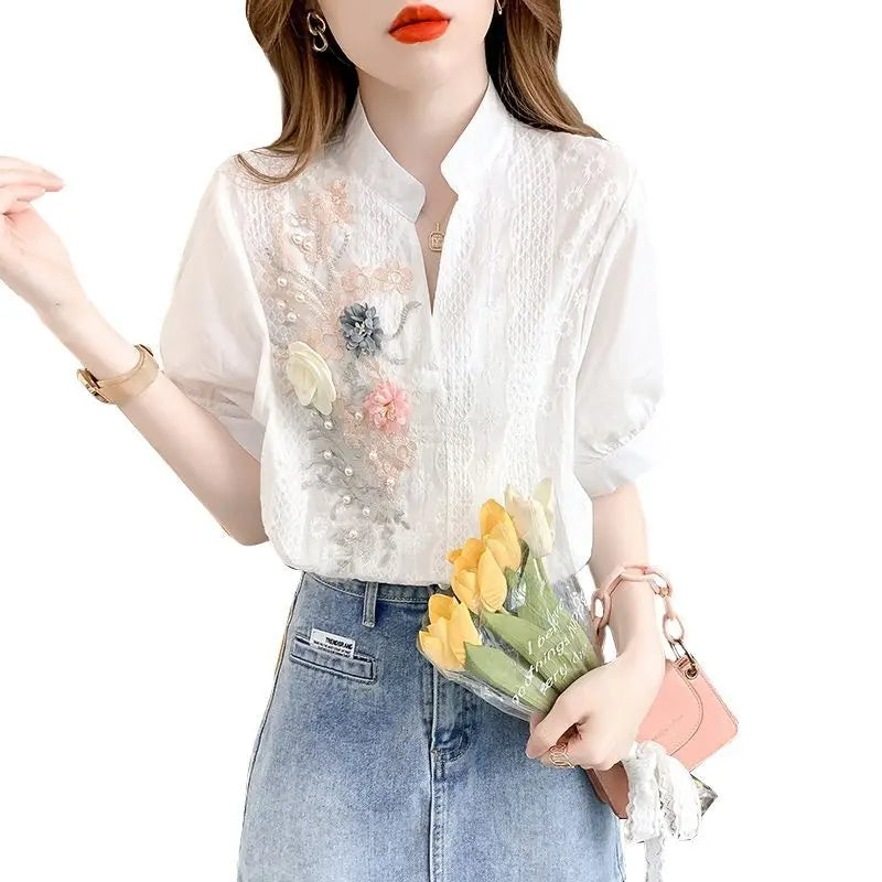 Zomer Witte Geborduurde Blouse met V-Hals