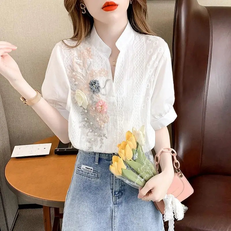 Zomer Witte Geborduurde Blouse met V-Hals