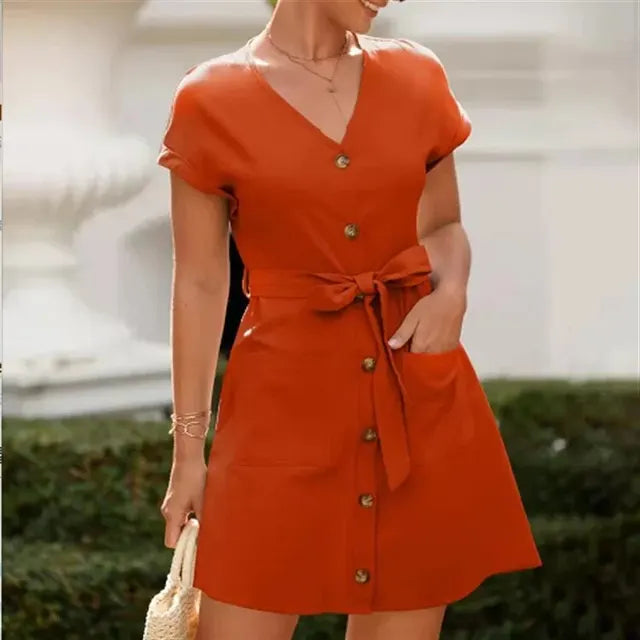 Summer Sun V-Neck Casual Dress with Belt Waist