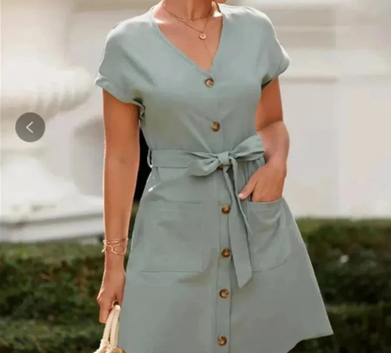 Summer Sun V-Neck Casual Dress with Belt Waist
