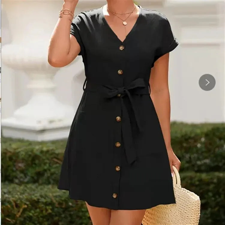 Summer Sun V-Neck Casual Dress with Belt Waist