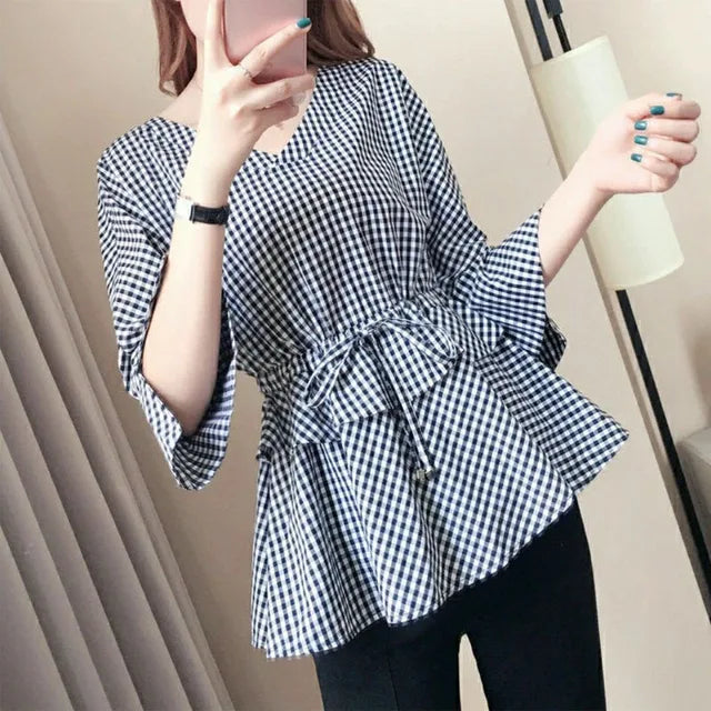 Sommerliche neue V-Ausschnitt karierte Bluse
