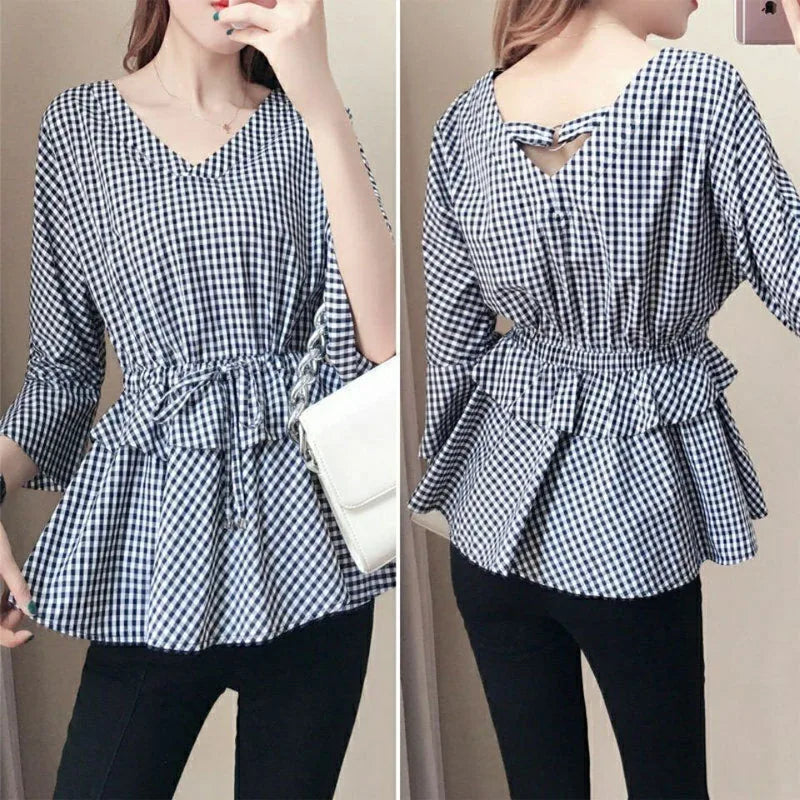 Sommerliche neue V-Ausschnitt karierte Bluse