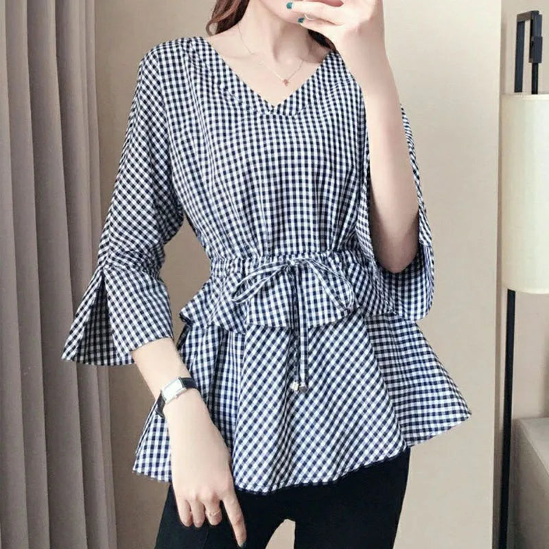 Zomerse Nieuwe V-Hals Geruite Blouse