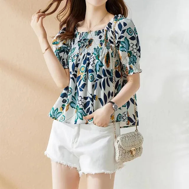 Blusa de verano con escote cuadrado y mangas abullonadas coreanas