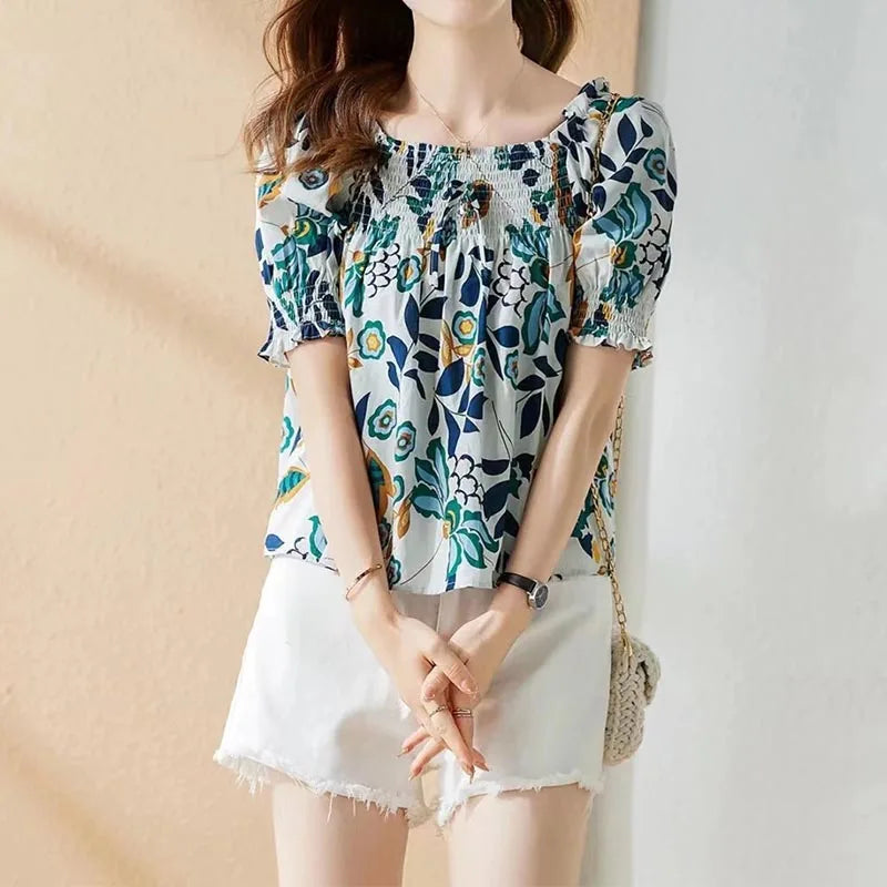 Blusa de verano con escote cuadrado y mangas abullonadas coreanas