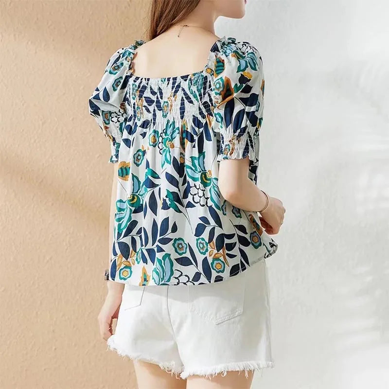 Blusa de verano con escote cuadrado y mangas abullonadas coreanas