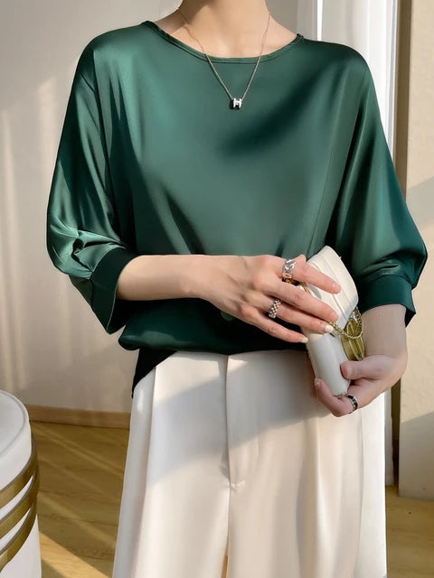 Glanz Zijden Satijnen T-Shirt voor Vrouwen