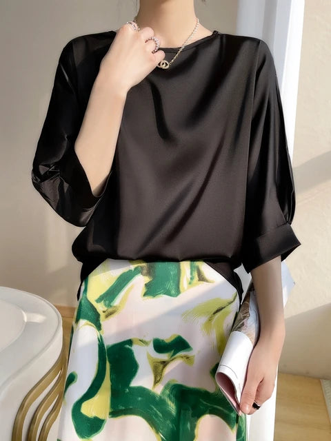 Glanz Zijden Satijnen T-Shirt voor Vrouwen