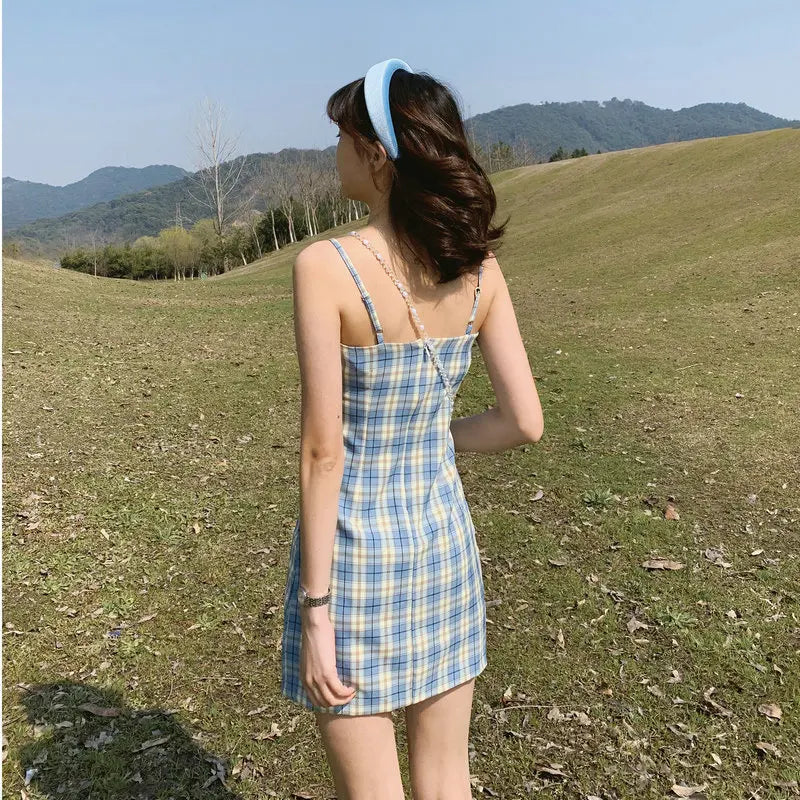 Enchanting Summer Vintage Checkered Straps Slim Dress