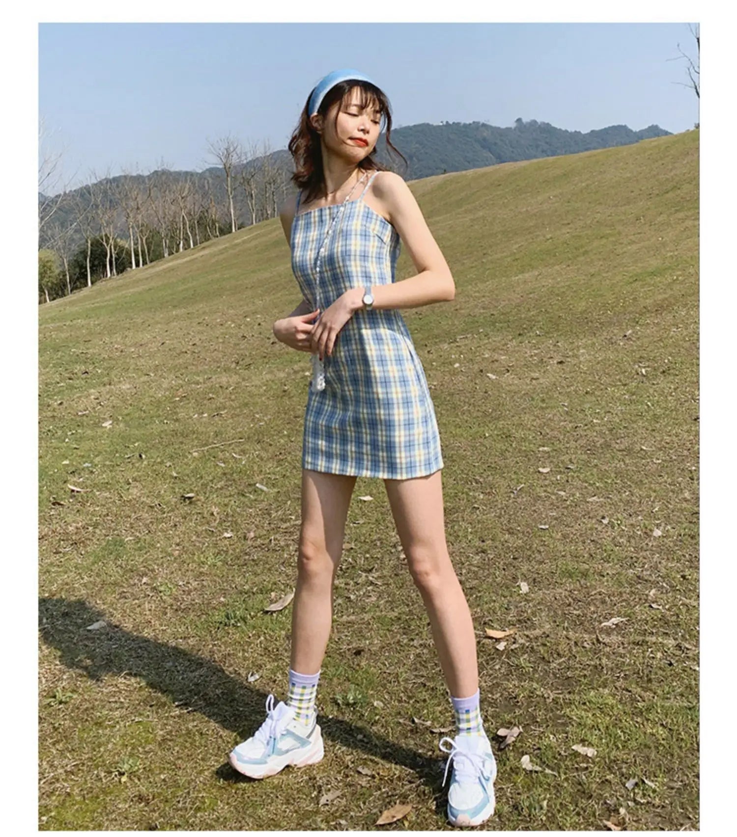 Enchanting Summer Vintage Checkered Straps Slim Dress