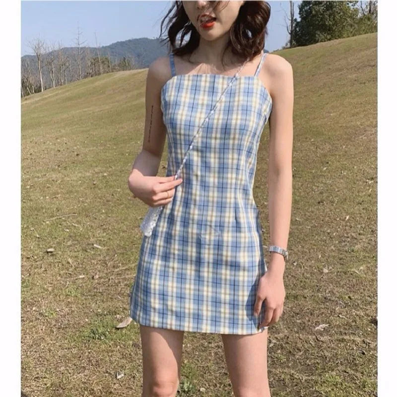 Enchanting Summer Vintage Checkered Straps Slim Dress