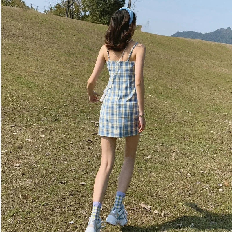 Enchanting Summer Vintage Checkered Straps Slim Dress