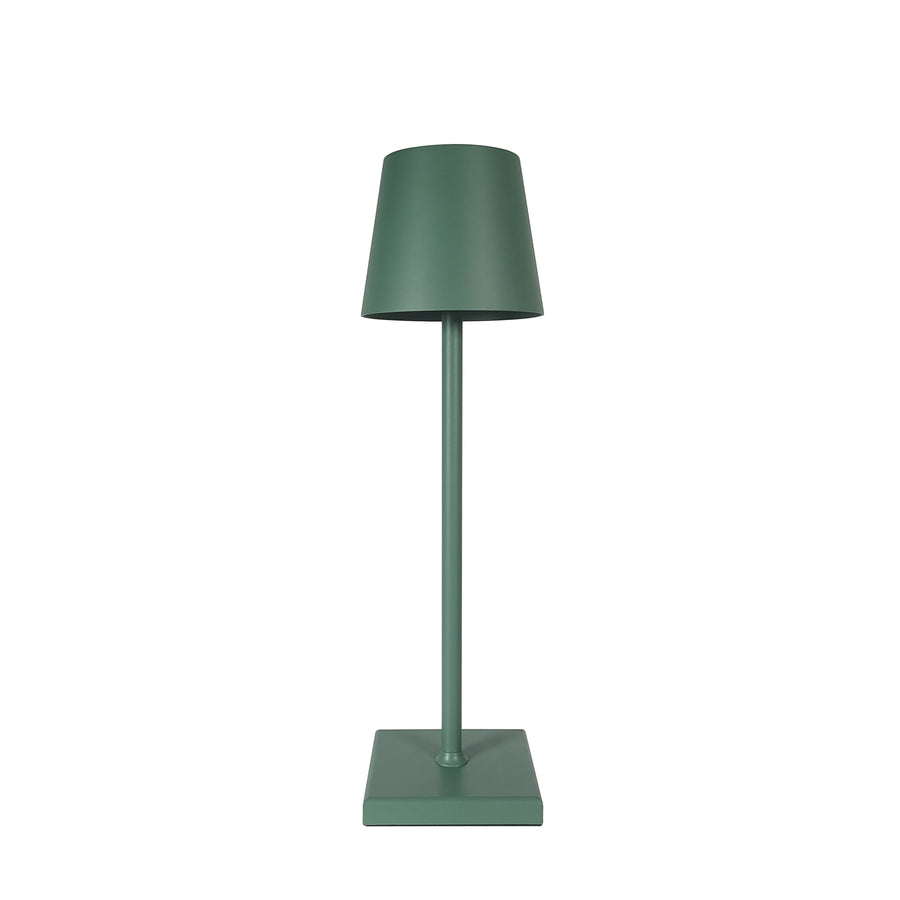 Een draadloze tafellamp in een stijlvolle groene kleur, met een minimalistisch ontwerp. Het heeft een slanke metalen staander en een moderne, strakke basis die perfect past in elke ruimte.