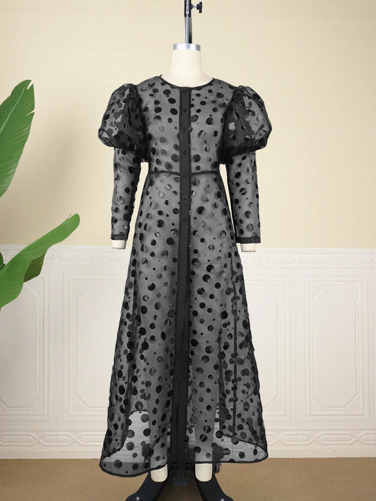 ModeMeester Abito a Linea A in Organza Nero con Maniche Lunghe