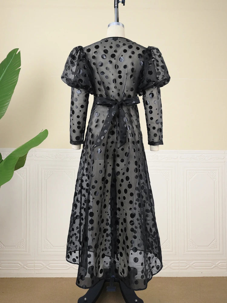 ModeMeester Abito a Linea A in Organza Nero con Maniche Lunghe