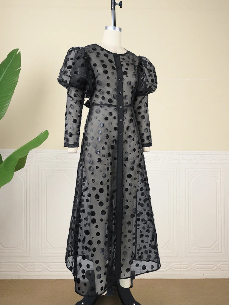 ModeMeester Abito a Linea A in Organza Nero con Maniche Lunghe