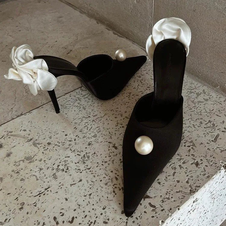 Black Satin Pearl Stilettos Roya Eleganza