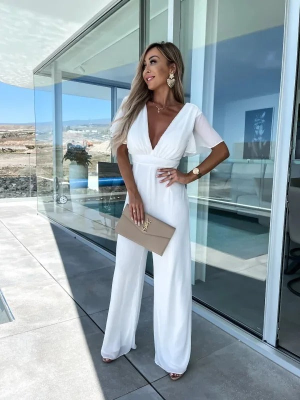 Elegance Couture Witte V-Hals Rugloze Jumpsuit