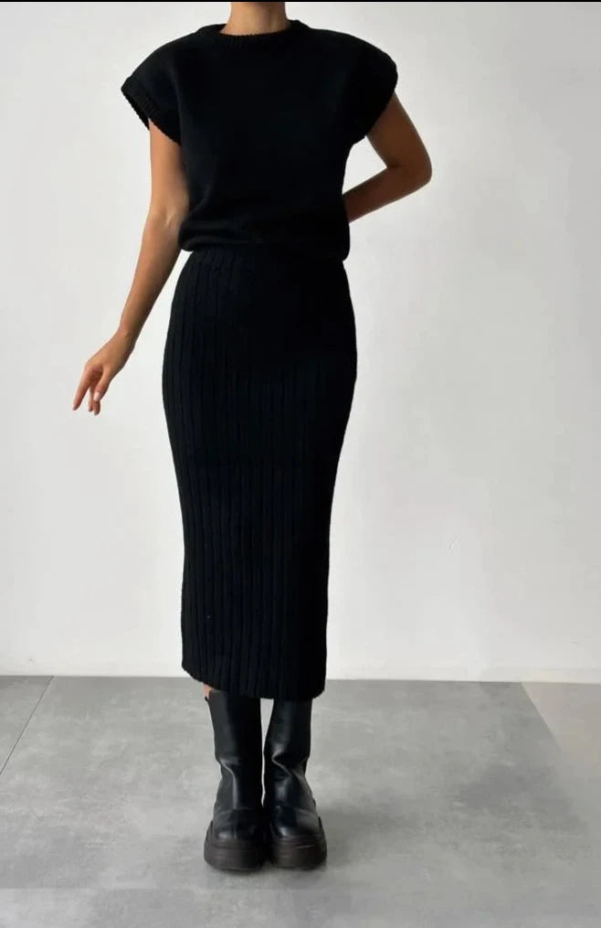 Betoverende Elegantie – Gebreide Rok en Mouwloos Vest Set voor Dames, Luxe Winter Ensemble