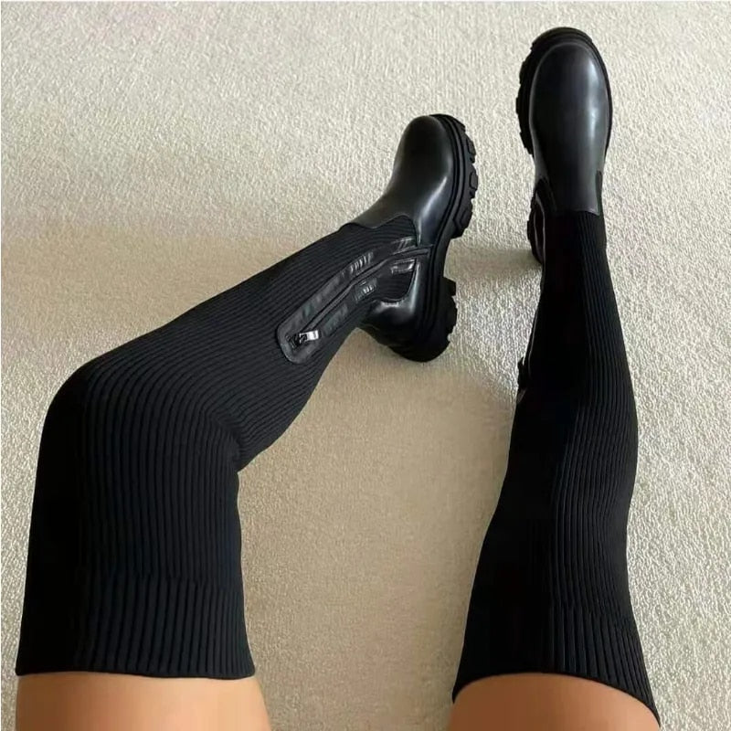Thick breathable stretchable black zipper high boots