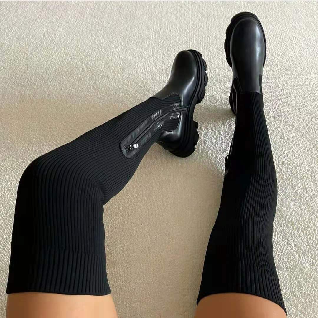Thick breathable stretchable black zipper high boots