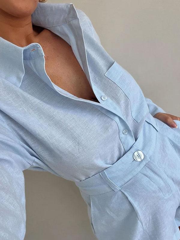 Velanora Leinen Kurzes Set | Schickes Blaues Ensemble