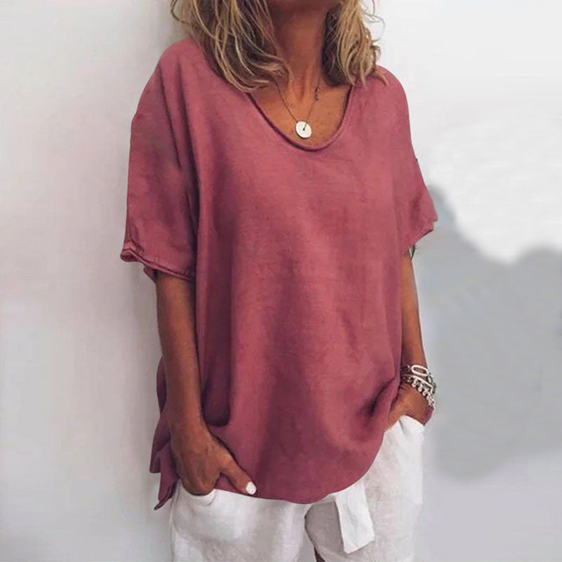 Elina | Women's Blouse Breathable Cotton, Short Sleeve V-neck
