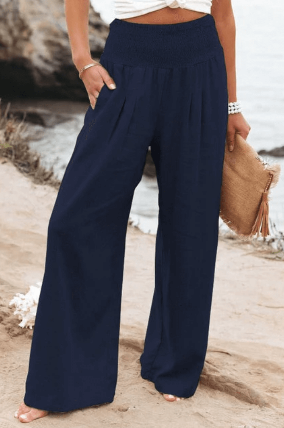 VELANORA - Elegante e comodo pantalone palazzo a vita alta per donna