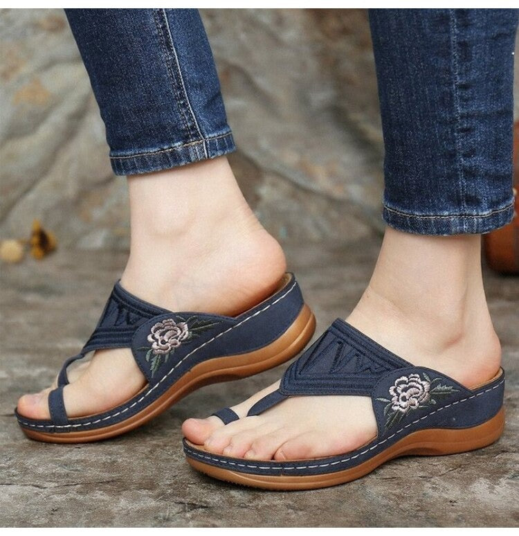 Orthopedic Women's Sandals with Floral Embroidery - Velanora