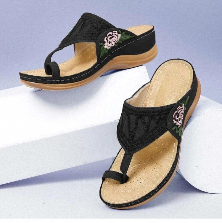 Orthopedic Women's Sandals with Floral Embroidery - Velanora