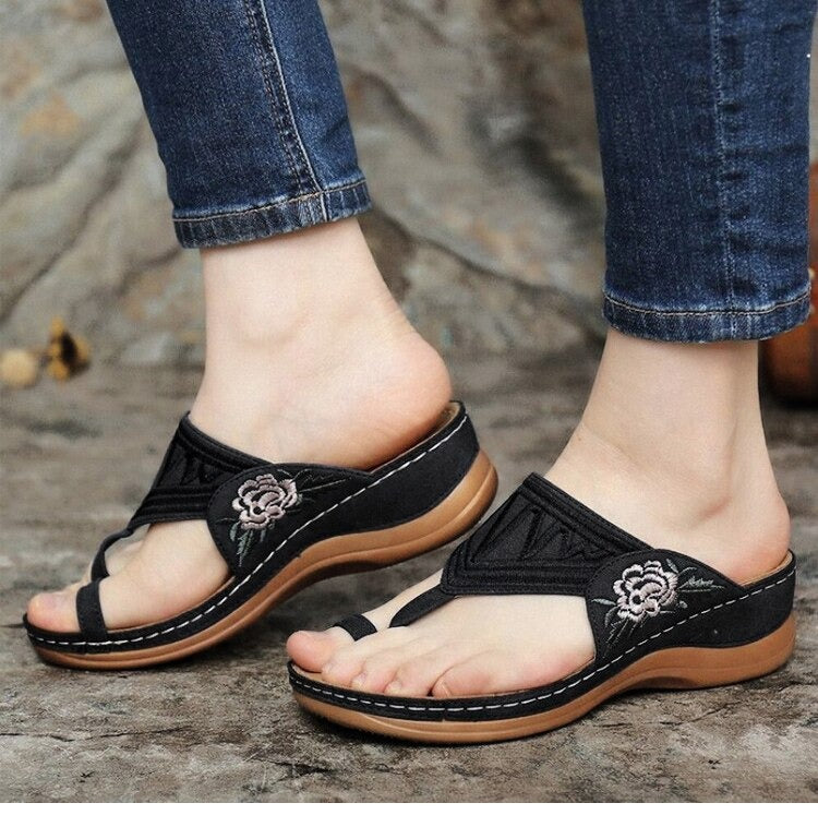 Orthopedic Women's Sandals with Floral Embroidery - Velanora