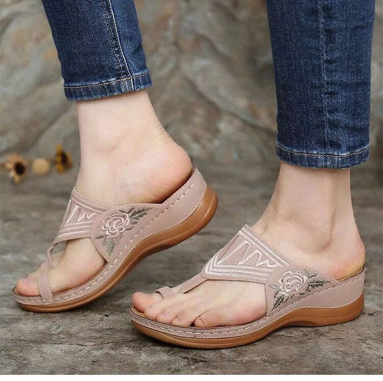 Orthopedic Women's Sandals with Floral Embroidery - Velanora
