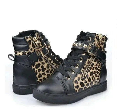 VELANORA women's high leather sneakers with metal decorative buckle