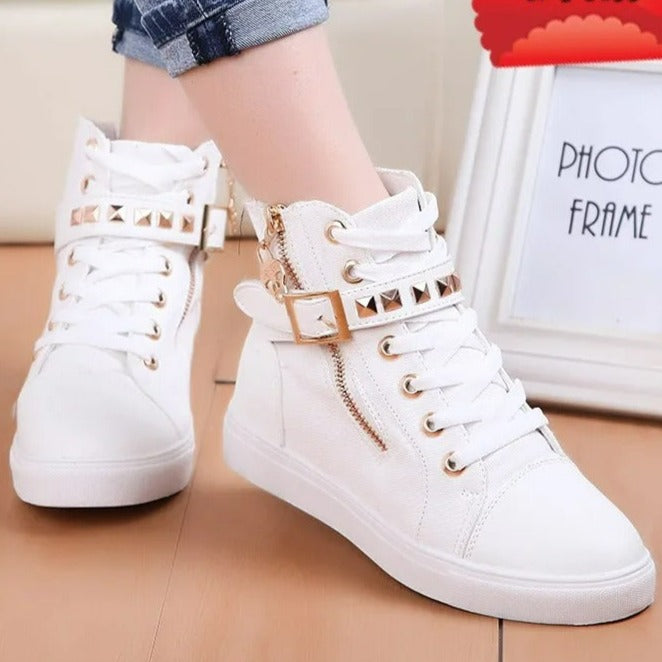 VELANORA women's high leather sneakers with metal decorative buckle