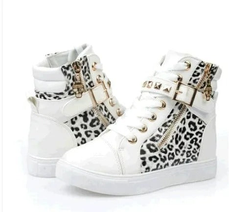 VELANORA women's high leather sneakers with metal decorative buckle
