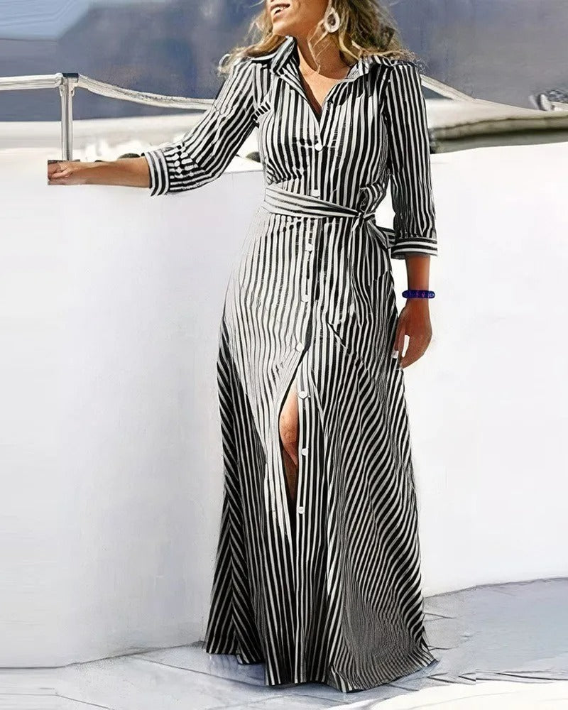 VELANORA Green belt printed windproof blouse dress