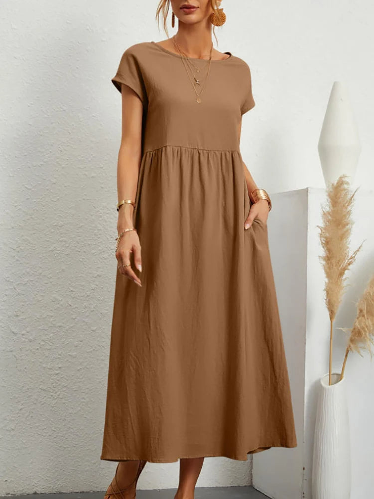 VELANORA Elegant black linen dress with o-neck
