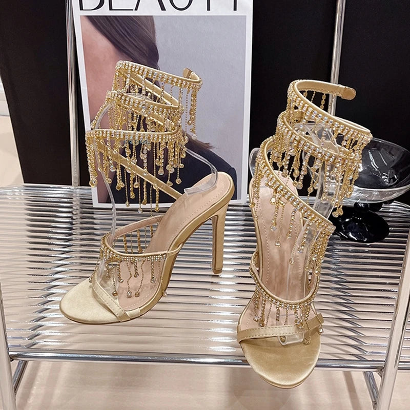 LuxeChic Shiny Crystal Tassel Sandals