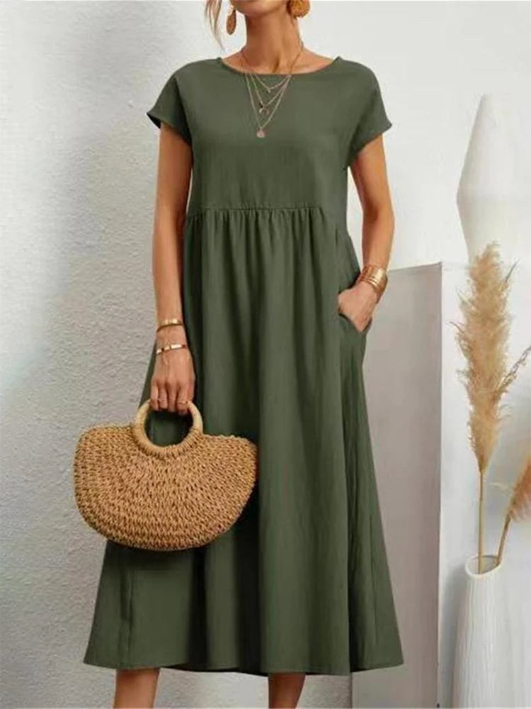 VELANORA elegante vestito di lino nero con scollo a o