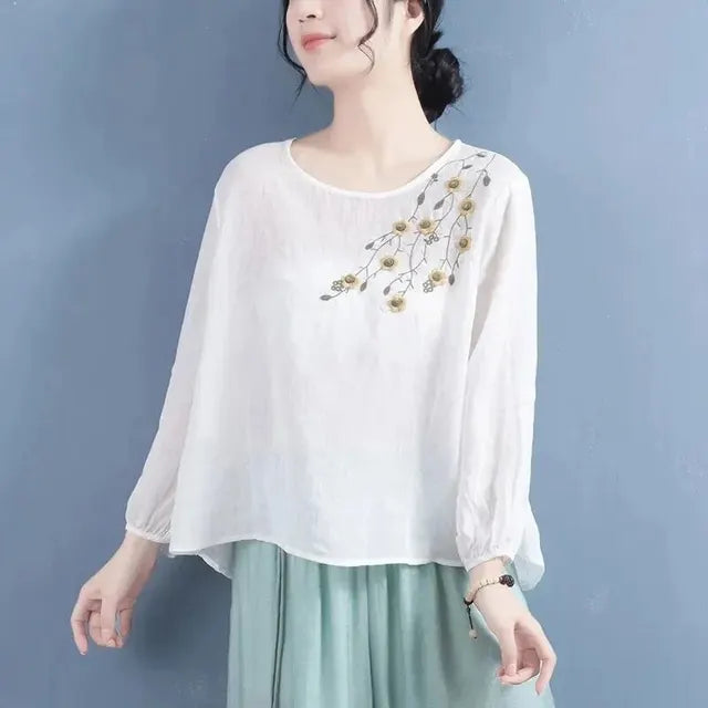 Cotton Linen Blouse with Artistic Embroidery for Women