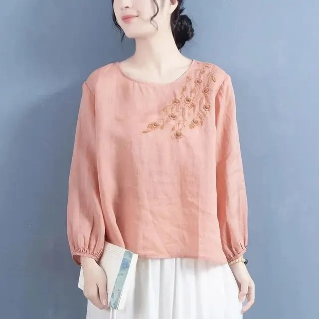 Cotton Linen Blouse with Artistic Embroidery for Women