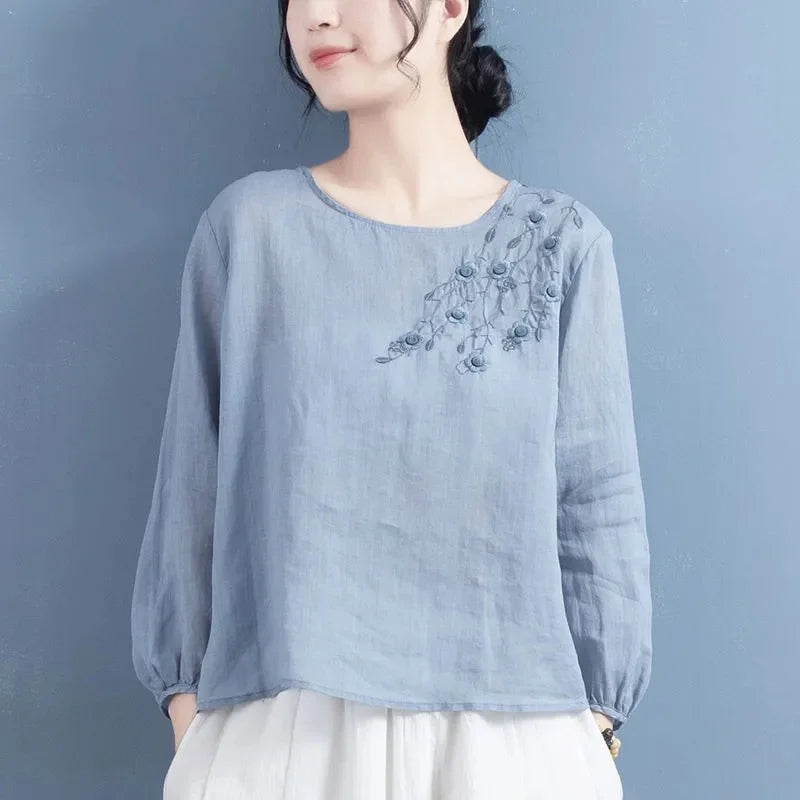 Cotton Linen Blouse with Artistic Embroidery for Women
