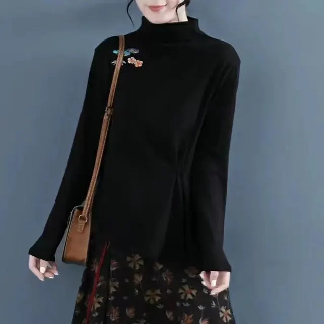 Verfeinerte Retro bestickte Samtbluse